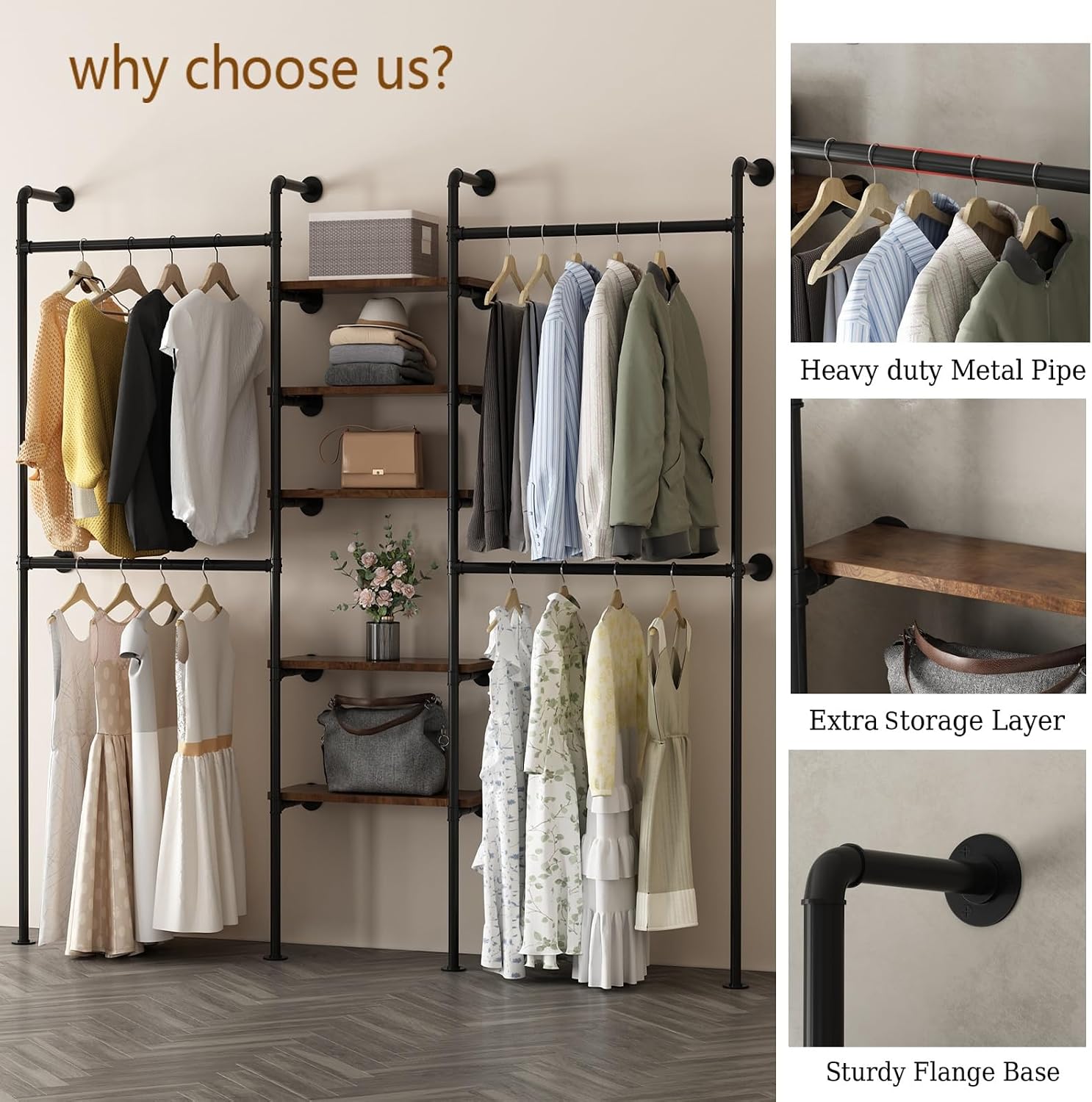 AUCT 24860 - $190 Industrial Pipe Clothing Racks with 5 Shelves, Wall Mounted Clothes Rack for Hanging - Image 3