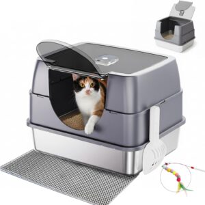 AUCT 23233 - $55 Enclosed Cat Litter Box with Flip-Top Lid, Stainless Steel Large Covered Litter Box, H