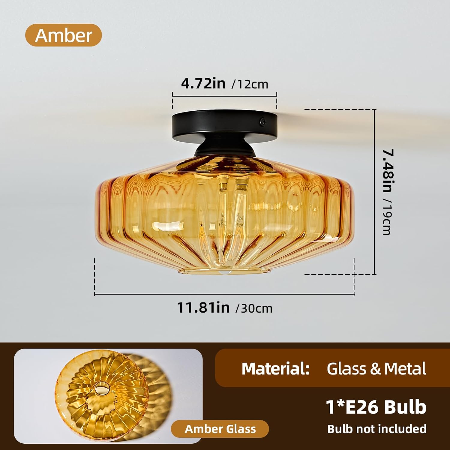 AUCT 23075 - $65 Glass Semi Flush Ceiling Lights - 12 Inch Vintage Amber Drum Mount Fixtures - Image 2