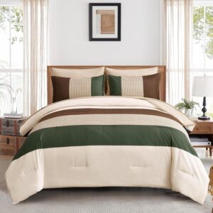 AUCT 22989 - $57 Anibedding Striped Comforter Set Queen Size, Boho Brown Green Striped Bedding Comforte