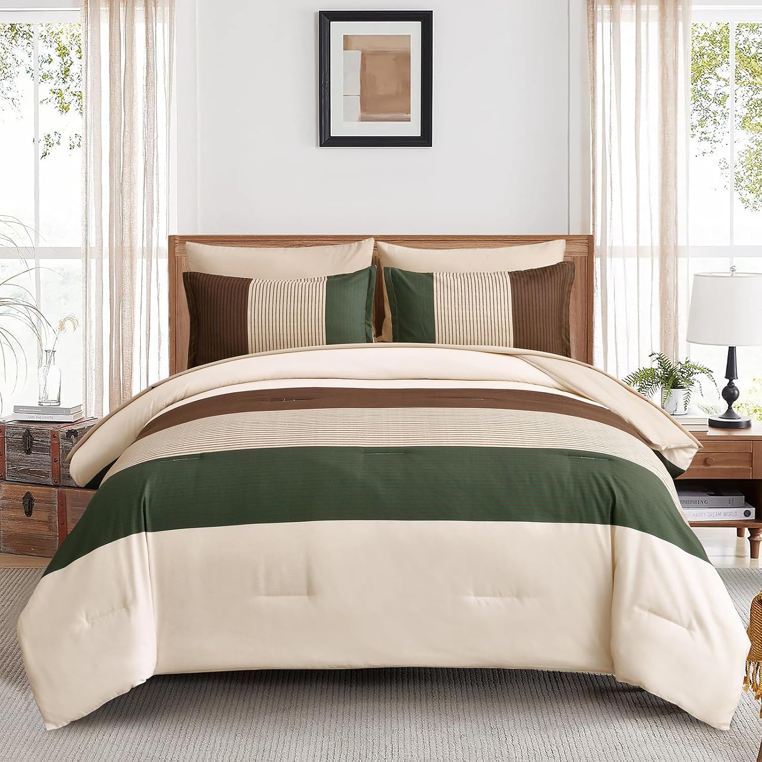AUCT 22989 - $57 Anibedding Striped Comforter Set Queen Size, Boho Brown Green Striped Bedding Comforte