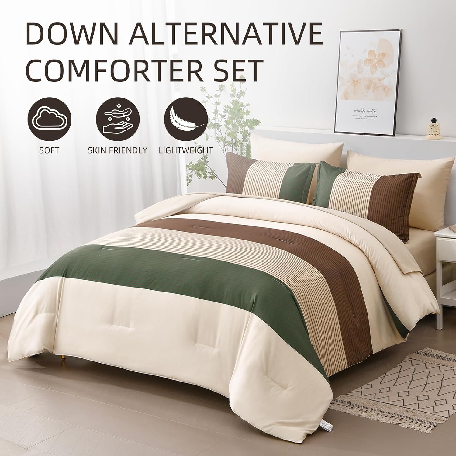 AUCT 22989 - $57 Anibedding Striped Comforter Set Queen Size, Boho Brown Green Striped Bedding Comforte - Image 2