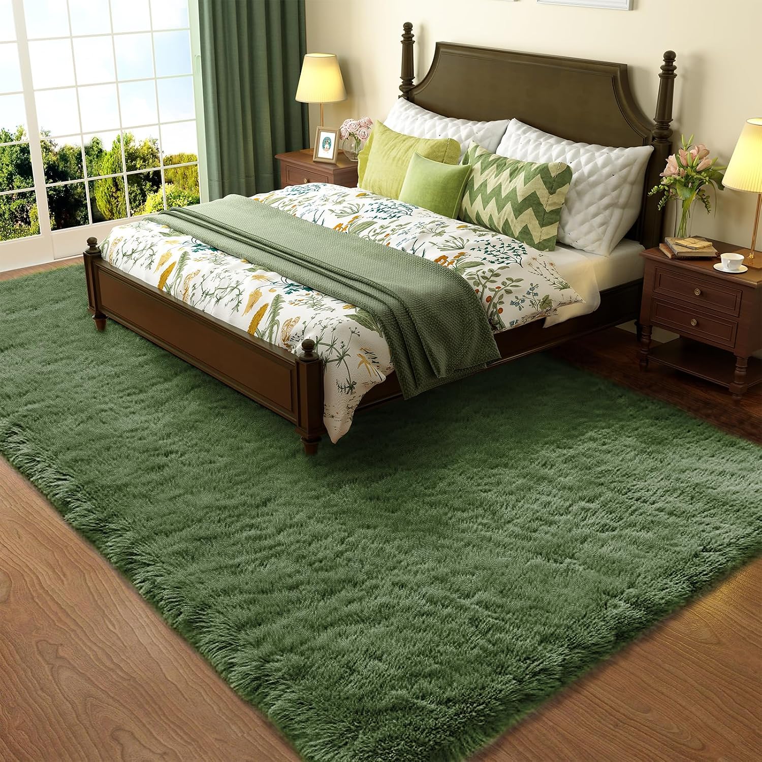 AUCT 24920 - Ophanie Gray Green Rug Grass Area Rugs for Bedroom,4x6 Shag Fluffy Carpet,Fuzzy Furry Plus
