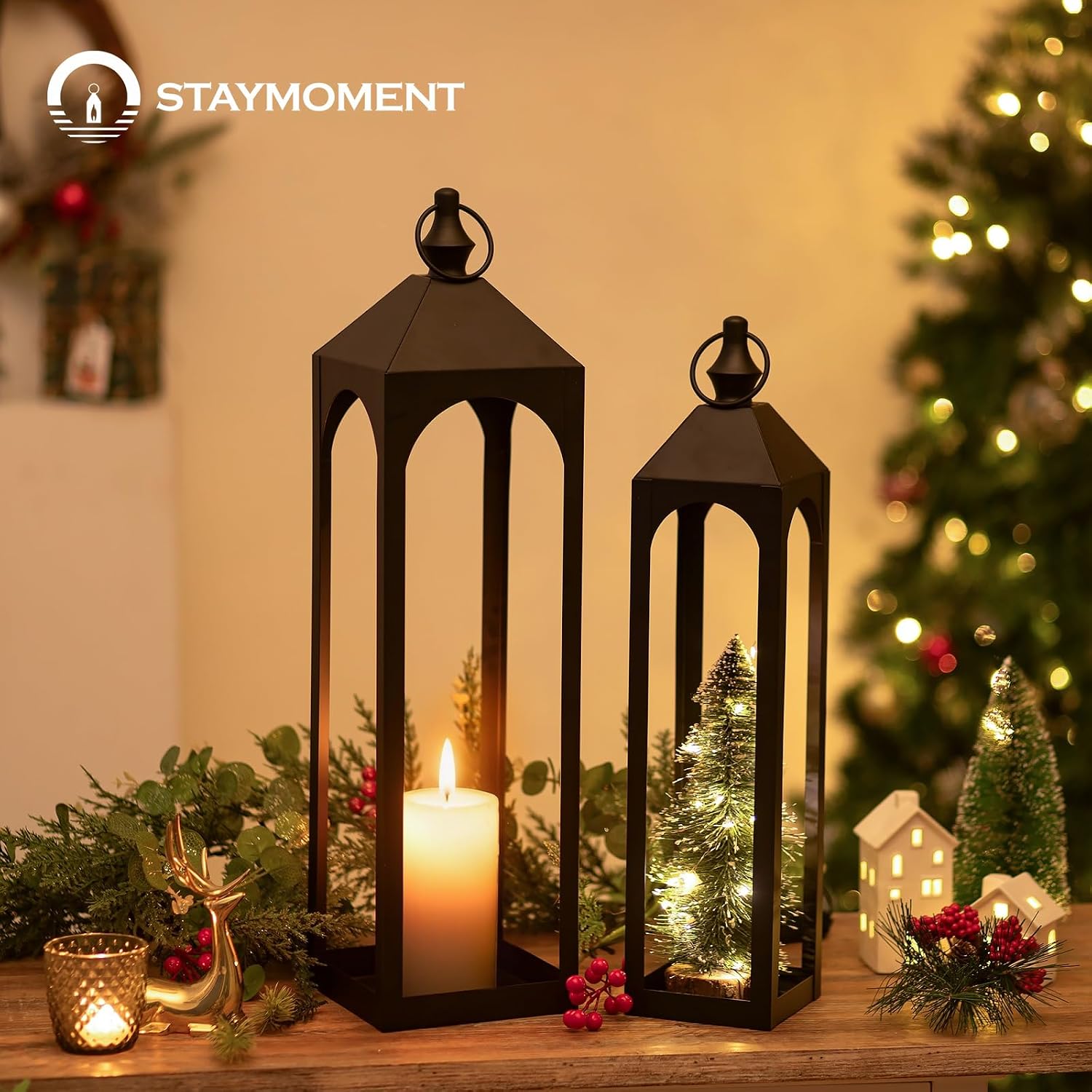 AUCT 23151 - 24" & 20" Large Outdoor Floor Lantern, Black Fall Porch Decor - Image 4