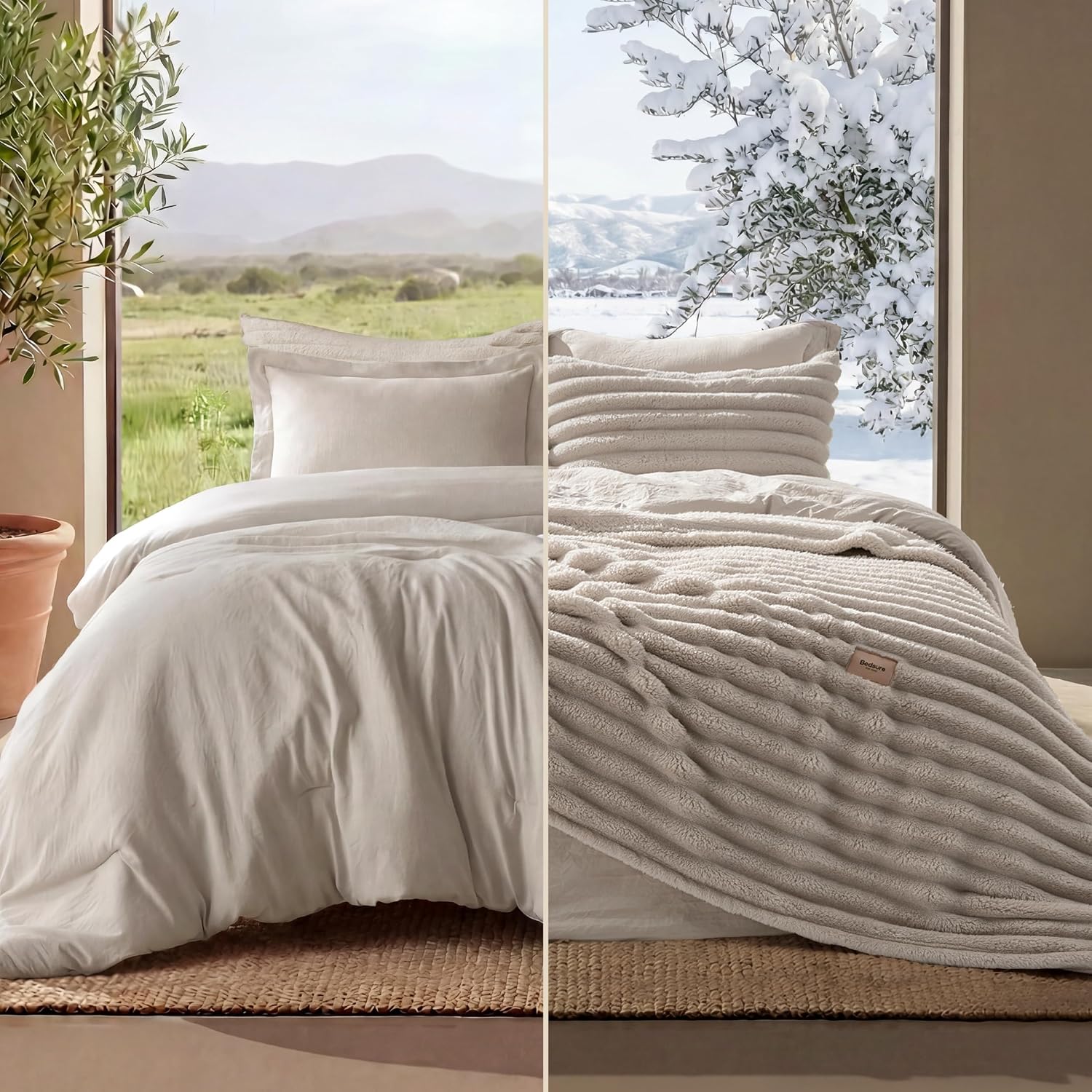 AUCT 23756 - $60 Bedsure 2-in-1 Comforter Set with Detachable Fleece Blanket, Beige Queen