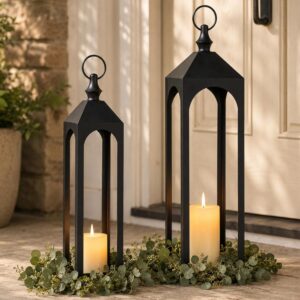 AUCT 23151 - 24" & 20" Large Outdoor Floor Lantern, Black Fall Porch Decor