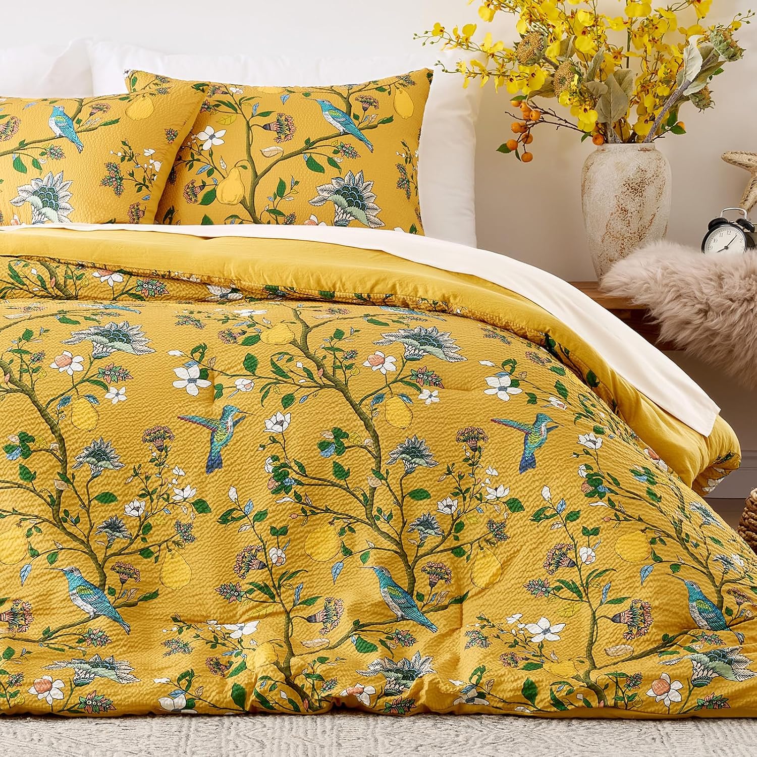AUCT 22975 - $53 MUSSEL Yellow Bedding Queen Comforter Set 3 Pieces,Vintage Botanical Floral Pattern Be