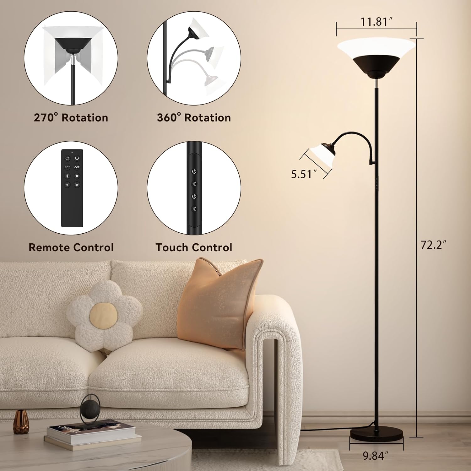 AUCT 23273 - $87 SIBRILLE 2-in-1 Torchiere Floor Lamp, 34W Super Bright LED Standing Lamp with Remote & - Image 2