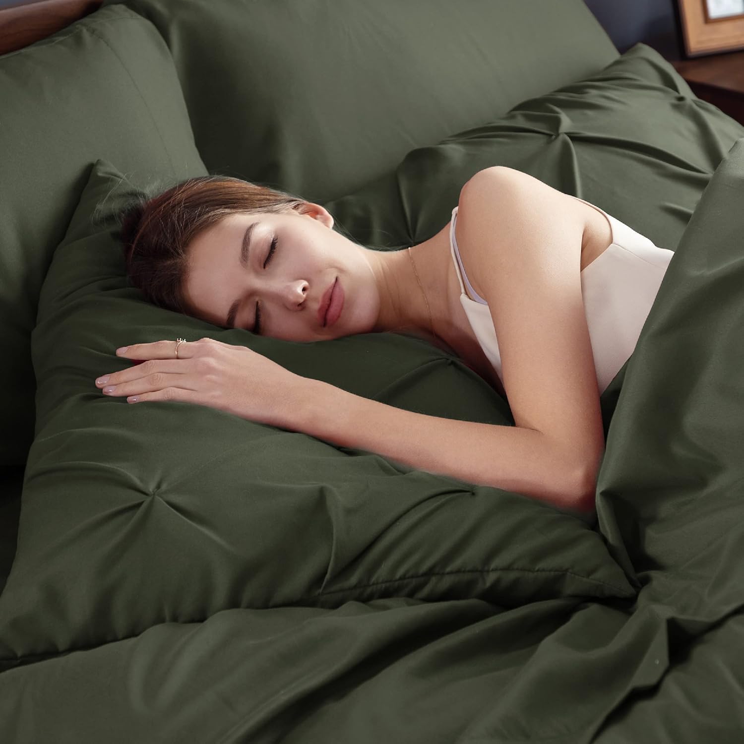 AUCT 23114 - $58 Bedsure 7pc Oversized Queen Comforter Set & Sheets, Olive Green Bedding - Image 3
