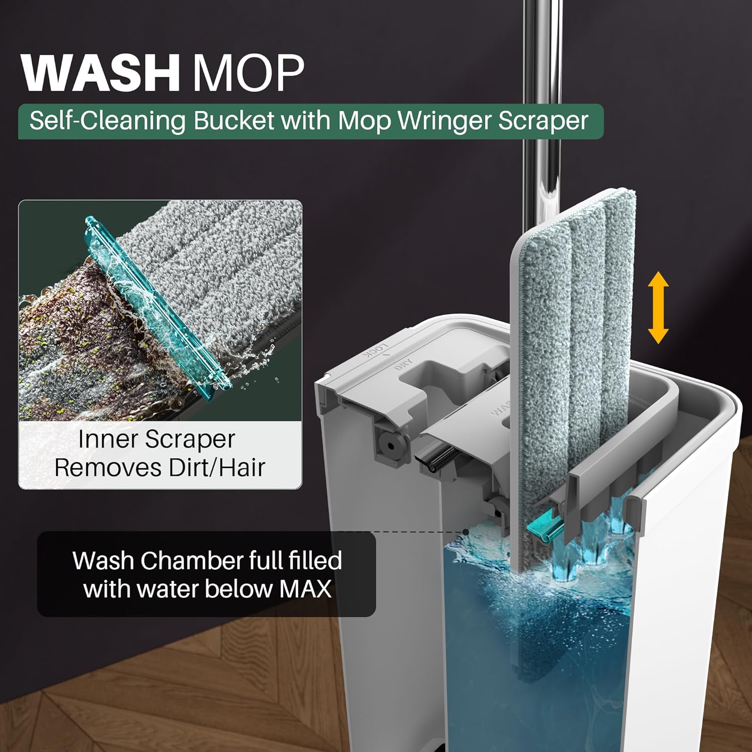 AUCT 23155 - JOYMOOP Flat Mop System, Microfiber Mop and Bucket Set, White, Commercial & Household Use, - Image 2