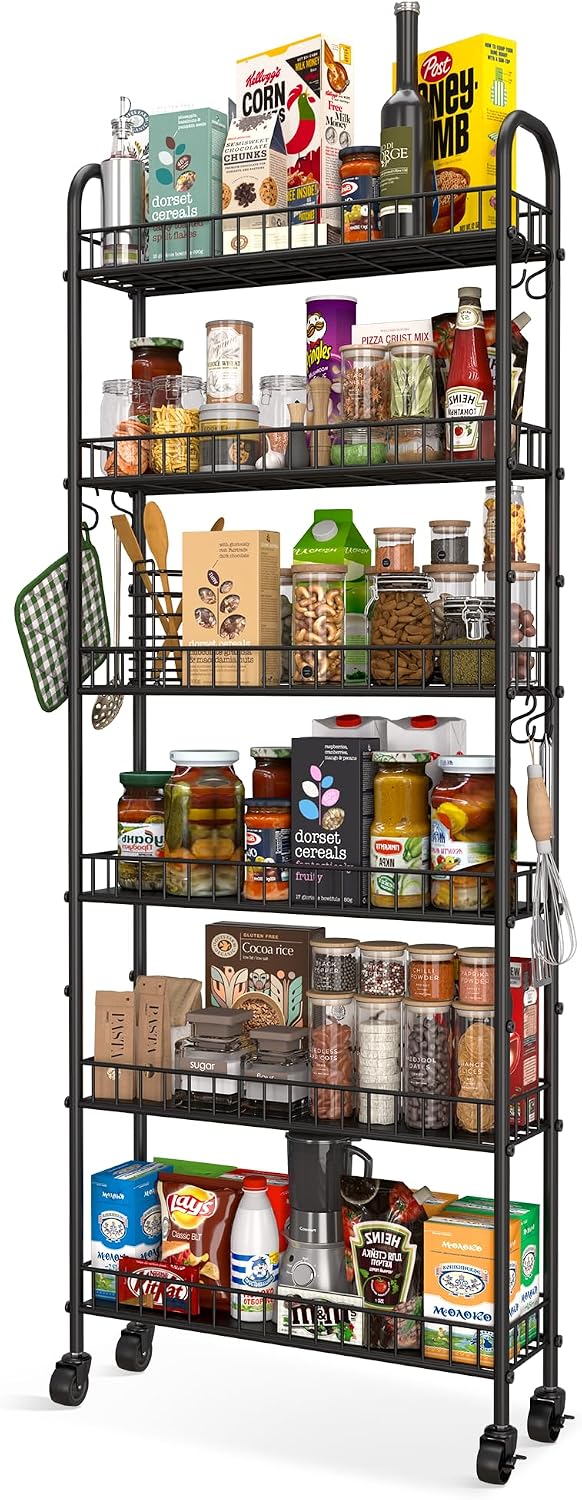 AUCT 23254 - $60 Slim Rolling Storage Cart with Wheels, Metal 6 Tier Spice Rack Mobile Shelving Unit Or