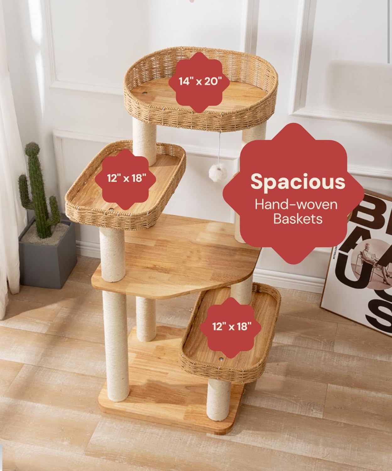 AUCT 24882 - $170 SHENGOCASE Modern Natural Wood Wooden Cat Tree Tower, 3 Large Rattan Wicker Basket Pe - Image 3