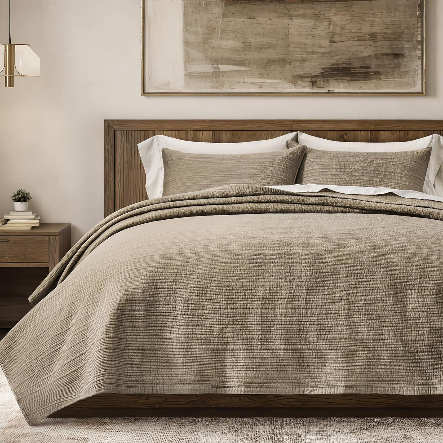 AUCT 23110 - $120 EVERGRACEHOME Cotton Sateen Channel Quilt Set, King Size, Stone Taupe
