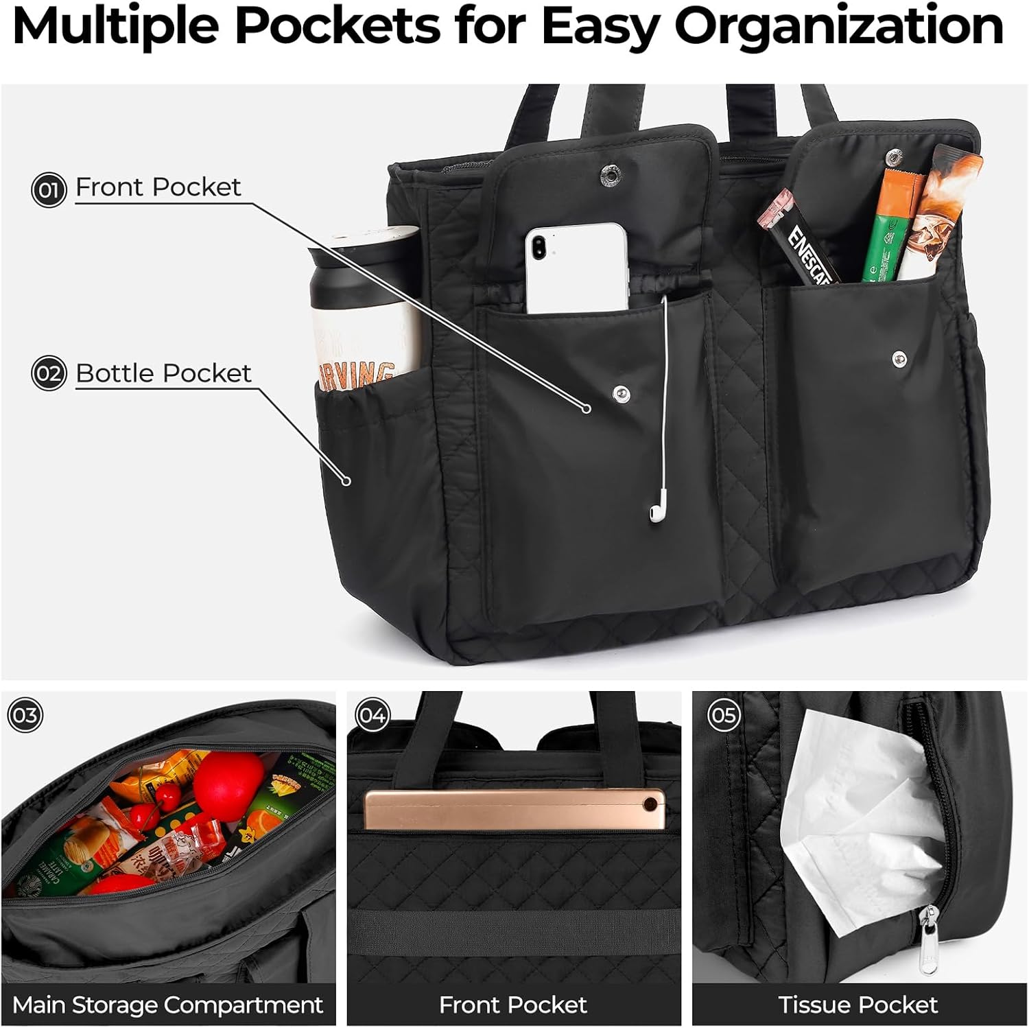 AUCT 24826 - Quilted Lunch Box for Women Large Insulated Lunch Tote Bag Elegant Work Lunch bag with Sho - Image 3