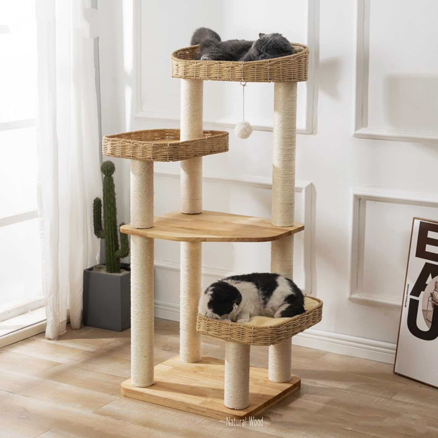 AUCT 24882 - $170 SHENGOCASE Modern Natural Wood Wooden Cat Tree Tower, 3 Large Rattan Wicker Basket Pe - Image 2