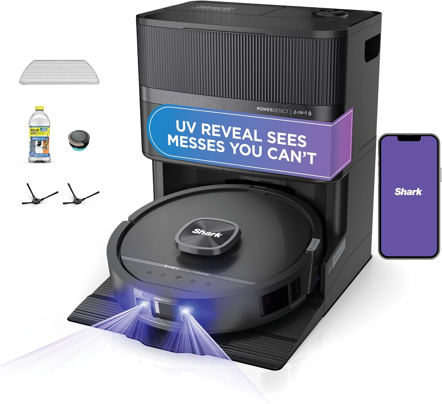 AUCT 24811 - $1300 Shark PowerDetect UV Reveal 2-in-1 Robot Vacuum & Mop, Black, RV3020XE